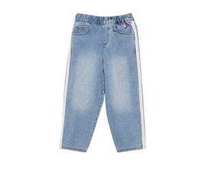 Schlupfjeans S.OLIVER JUNIOR, Mädchen, Gr. 128, N-Gr, blau, Denim/Jeans, Obermaterial: 85% Baumwolle, 14% Polyester, 1% Elasthan, relaxed fit lang, Jeans Schlupfjeans, Dezente Stickerei und Spitzen-Ta