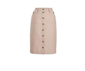 Schlupfrock GOLDNER "Kurzgröße Brauner Damen-Cargo-Rock mit Taschen", Damen, Gr. 25, beige (stein), Obermaterial: 55% Leinen LI. 45% Baumwolle CO., figurbetont, Röcke, Zierknopfleiste in vorderer Mitt