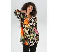 Schluppenbluse ANISTON PLUS, Damen, Gr. 50, beige, schwarz, orange, pink, oliv, Web, Obermaterial: 100% Viskose, figurumspielend Po-bedeckend, V-Ausschnitt, mit Gummizug, Blusen Schluppenbluse, mit ex