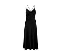 Schmales Spitzen-V-Ausschnitt-Kleid aus schwarzem, seidenähnlichem Material mit Trägern, Größe L