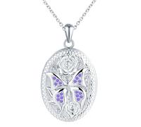 Schmetterling Medaillon zum Öffnen für Bilder Halskette Damen Silber 925 mit Zirkon: Rose Foto Kette Ovale Bilder Anhänger Halskette - Amulett Schmuck Geschenk für Frauen Mama Freundin Mädchen Lila