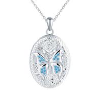 Schmetterling Medaillon zum Öffnen für Bilder Halskette Damen Silber 925 mit Zirkon: Rose Foto Kette Ovale Bilder Anhänger Halskette - Amulett Schmuck Geschenk für Frauen Mama Freundin Mädchen Blau