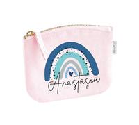 Schminktasche mit Name für Mädchen | Motiv Regenbogen in blau | kleine Kosmetiktasche für Frauen & Kinder personalisiert | Make-up Täschchen mit Reißverschluss (rosa, 14 x 11 cm)