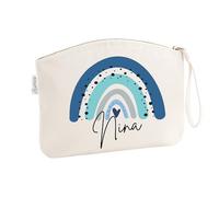 Schminktasche mit Name für Mädchen | Motiv Regenbogen in blau | kleine Kosmetiktasche für Frauen & Kinder personalisiert | Make-up Täschchen mit Reißverschluss (Natur, 28 x 22 cm)