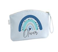 Schminktasche mit Name für Mädchen | Motiv Regenbogen in blau | kleine Kosmetiktasche für Frauen & Kinder personalisiert | Make-up Täschchen mit Reißverschluss (Pastellblau, 19 x 17 cm)