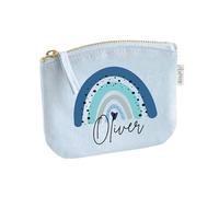 Schminktasche mit Name für Mädchen | Motiv Regenbogen in blau | kleine Kosmetiktasche für Frauen & Kinder personalisiert | Make-up Täschchen mit Reißverschluss (Pastellblau, 14 x 11 cm)