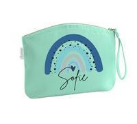 Schminktasche mit Name für Mädchen | Motiv Regenbogen in blau | kleine Kosmetiktasche für Frauen & Kinder personalisiert | Make-up Täschchen mit Reißverschluss (Mint, 19 x 17 cm)