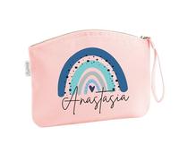 Schminktasche mit Name für Mädchen | Motiv Regenbogen in blau | kleine Kosmetiktasche für Frauen & Kinder personalisiert | Make-up Täschchen mit Reißverschluss (rosa, 19 x 17 cm)