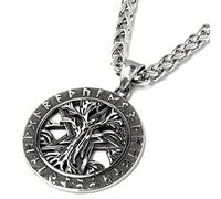 Schmuck-Checker Baum des Lebens mit Pentagramm und Runenkreis Yggdrasil Weltenbaum Edelstahl silber Anhänger Halskette Zopfkette Wikinger Mystisches Medaillon