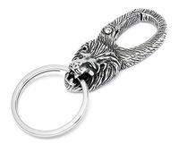 Schmuck-Checker Schlüsselanhänger mit 3D Motiven Adler Wolf Totenkopf Löwe Panther aus Edelstahl Karabinerhaken mit Schlüsselring Silber Bikerschmuck (Löwe)