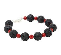 Schmuck Krone Armband aus Lava & Koralle schwarz-rot 925 Silber 21cm Armkette Kugelarmband