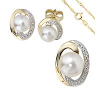 Schmuck-Set 585 Gelbgold bicolor 3 Perlen 4 Diamanten Ohrringe und Kette 45 cm