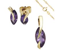 Schmuck-Set 585 Gold Gelbgold 3 Amethyste lila violett Ohrringe und Kette 42 cm