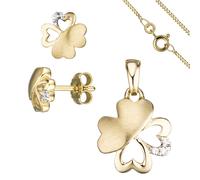 Schmuck-Set Kleeblatt 333 Gold Gelbgold 7 Zirkonia Ohrringe und Kette 45 cm