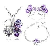 Schmuck-Set mit vierblättrigem Kleeblatt, Herz-Halskette, Ohrringen und Armband, grünes vierblättriges Kleeblatt-Kristall-Set, irischer Schmuck für Frauen, Hochzeit, Large, Edelstahl, Achat