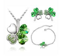 Schmuck-Set mit vierblättrigem Kleeblatt, Herz-Halskette, Ohrringen und Armband, grünes vierblättriges Kleeblatt-Kristall-Set, irischer Schmuck für Frauen, Hochzeit, Large, Edelstahl, Achat