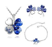 Schmuck-Set mit vierblättrigem Kleeblatt, Herz-Halskette, Ohrringen und Armband, grünes vierblättriges Kleeblatt-Kristall-Set, irischer Schmuck für Frauen, Hochzeit, Large, Edelstahl, Achat