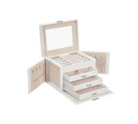 SONGMICS Schmuckkästchen 4 Ebenen, Schmuckkasten mit Griff, 3 Schubladen, Schmuckschatulle mit Spiegel, Schloss, Schmuckaufbewahrung, Bezug in Wolkenweiß, Innenfutter in Sandbeige JBC159W01