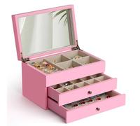 Schmuckkästchen 3 Ebenen, Schmuckkasten mit 2 Schubladen, schmuckkästchen holz mit Spiegel, Schmuck Organizer für Ringe, Ohrringe, Halskette, Uhren, Armbänder, Rosa