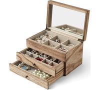 Schmuckkästchen 3 Ebenen, Schmuckkasten mit 2 Schubladen, schmuckkästchen holz mit Spiegel, Schmuck Organizer für Ringe, Ohrringe, Halskette, Uhren, Armbänder