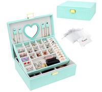 Schmuckkästchen Organizer Samt Aufbewahrungskoffer mit Spiegel 2 Schichten und abnehmbarem Fach für Ringe, Ohrringe, Armbänder & Halsketten, Mintgrün
