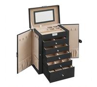 Schmuckkasten, große Schmuckschatulle mit 6 Ebenen, Schmuckkästchen mit seitlichen Klapptüren, Schubladen, Spiegel und Verschluss, für Ringe, Ohrringe