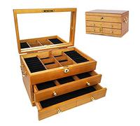 Schmuckkasten Holz, Schmuckkästchen Schmuckkoffer Mit 2 Schubladen, Schmuckschatulle Damen Abschließbarer Mit Spiegel Und Sperren Für Ohrringe, Halsketten, Armbänder, Uhren, Haarna,Wood color