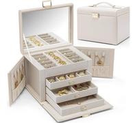 Schmuckkasten Schmuckbox PU Leder Spiegel 4 Ebenen Beige-weiß