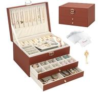 Schmuckkasten, Schmuckkästchen mit 3 Ebenen mit Schubladen, PU-Leder Schmuckbox Schmuckschatulle Groß Schmuck Organizer für Ringe Ohrringe Armbänder Halsketten, Braun