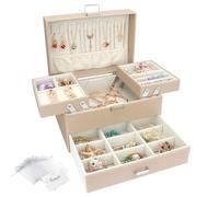 Schmuckkasten, Schmuckkästchen mit Schubladen für Damen Mädchen, PU-Leder Jewelry Box Schmuckbox Schmuckschatulle Groß Schmuckaufbewahrung für Ringe Ohrringe Armbänder Halsketten, Beige
