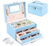 Schmuckkasten, Schmuckkästchen mit Schubladen für Damen Mädchen, PU-Leder Schmuckbox Schmuckschatulle Groß Schmuck Organizer für Ringe Ohrringe Armbänder Halsketten, Himmelblau
