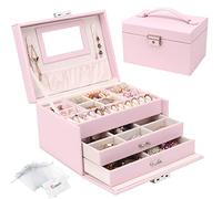 Schmuckkasten, Schmuckkästchen mit Schubladen für Damen Mädchen, PU-Leder Schmuckbox Schmuckschatulle Groß Schmuck Organizer für Ringe Ohrringe Armbänder Halsketten, Rosa