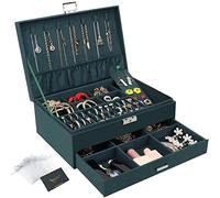 Schmuckkasten, Schmuckkästchen mit Schubladen für Damen Mädchen, Samt Schmuckbox Schmuckschatulle Groß Schmuck Organizer für Ringe Ohrringe Armbänder Halsketten, Dunkelgrün