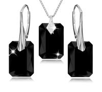 Schmuckset für Damen Ohrringe Silber 925 Hängend Rechteckig - Kette Damen mit Anhänger - Schmuck Set für Sie mit Kristallen - Ohrringe Hängend und Halskette Mädchen Geschenk Frauen (Jet)