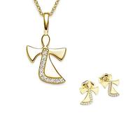 Schmuckset Mädchen Gold (Silber 925 vergoldet) Engel Kette Kommunion | Geschenke für Mädchen Schmuck Schutzengel Kette Kinder Geschenke Taufe Geschenke zur Geburt Kinderkette Halskette Ohrringe