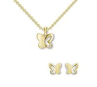Schmuckset Mädchen Schmetterling Gold (Silber 925 vergoldet) Kette Ohrringe | Kinder Anhänger Halskette Ohrstecker Kinderkette mit Zirkonia Steinchen, Schmetterlings Set Kinderschmuck Geschenk