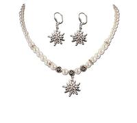 Schmuckset Trachtenkette & Edelweiß-Ohrhänger -Damen Trachtenset Perlenkette & Trachten-Ohrringe,Dirndlkette Strass Edelweiss für Trachtenbluse,Oktoberfest Dirndl-Schmuck,Trachtenschmuck (creme-weiß)