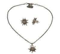 Schmuckset Trachtenkette Metallkette und Ohrstecker Strass Edelweiss klein - Damen Dirndlkette, Trachtenohrringe Strass-Edelweiss zur Trachtenbluse,Dirndl-Schmuck Oktoberfest (antik-silber-farben)