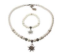 Schmuckset Trachtenkette Perlenkette und Edelweiß-Armband - Damen Dirndlkette und Perlenarmband zur Trachtenbluse, Halskette Strass-Edelweiss, Oktoberfest Dirndl-Schmuck, Trachtenschmuck (creme-weiß)