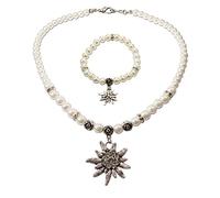 Schmuckset Trachtenkette Perlenkette und Edelweiß-Armband - Damen Dirndlkette und Trachtenarmband zur Trachtenbluse, Perlenarmband Strass-Edelweiss klein, Oktoberfest Dirndl-Schmuck (creme-weiß)