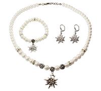 Schmuckset Trachtenkette Perlenkette und Edelweiß-Armband und Ohrhänger - Damen Dirndlkette,Perlenarmband & Trachtenohrringe Strass-Edelweiss zur Trachtenbluse,Dirndl-Schmuck Oktoberfest (creme-weiß)