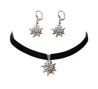 Schmuckset Trachtenkette Samt & Edelweiß-Ohrhänger - Damen Samt-Kropfband & Ohrringe, Kropfkette elastisch, Trachtenohrringe für Trachtenbluse, Dirndlkette enganliegend, Oktoberfest (schwarz)