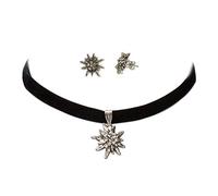 Schmuckset Trachtenkette Samt & Edelweiß-Ohrstecker - Damen Samt-Kropfband und Ohrringe, Kropfkette elastisch und Trachtenohrringe für Trachtenbluse, Dirndlkette enganliegend, Oktoberfest (schwarz)