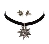 Schmuckset Trachtenkette Samt & Edelweiß-Ohrstecker - Damen Samt-Kropfband und Ohrringe, Kropfkette elastisch, Trachtenohrringe für Trachtenbluse, Dirndlkette enganliegend, Oktoberfest (schwarz)