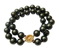 Schmuckwilli 2-reihig Perlenarmband für Damen & Mädchen - 20cm Länge mit 10mm großen schwarzen runden Perlen - Elegante Armband mit Muschelkernperlen MK Perlen für jeden Anlass - Perlenarmreife Frauen