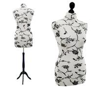 Schneiderpuppe LUCCESI / zum Probierpreis! / Größen S - XL (Female) / Torso Size: L (Large/40-42) / Wechselbezug creme-weiss/florales Muster (schwarz) / Standfuss schwarz / weibliche Schaufensterpuppe