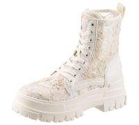 Schnürboots BUFFALO, Damen, Gr. 39, weiß, creme, Lederimitat, Textil, bestickt, Schuhe Schnürboots, Blockabsatz, Plateau, Stiefelette, mit transparentem Schaft (65172266-39) weiß, creme