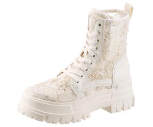Schnürboots BUFFALO, Damen, Gr. 39, weiß, creme, Lederimitat, Textil, bestickt, Schuhe Schnürboots, Blockabsatz, Plateau, Stiefelette, mit transparentem Schaft (65172266-39) weiß, creme