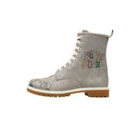 Schnürboots DOGO "Wb Longe Boots Schnürstiefel Looney Tunes Ski Club Damen", Damen, Gr. 38, Normalschaft, grau, gelb, Lederimitat, Schuhe Schnürboots, Handgefertigt (52221963-38) grau, gelb