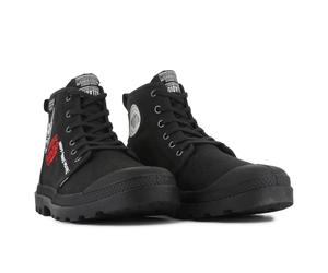 Schnürboots PALLADIUM "STRANGER THINGS X PAMPA HELLFIRE", Herren, Gr. 46, schwarz (all schwarz), Textil, Schuhe Schnürboots, Schnürstiefel aus Canvas mit Print (43148968-46) all schwarz